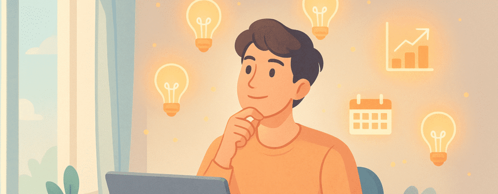 A person looking inspired while typing on a laptop, with creative project ideas and a calendar glowing on a digital screen behind them — symbolizing AI-powered planning and motivation.