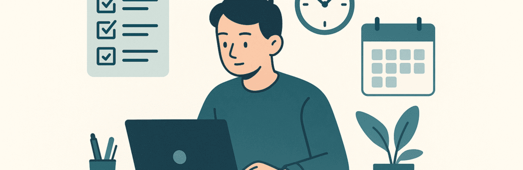 Minimalist illustration of a young person working at a laptop with a checklist, clock, and calendar in the background, representing productivity and time management.