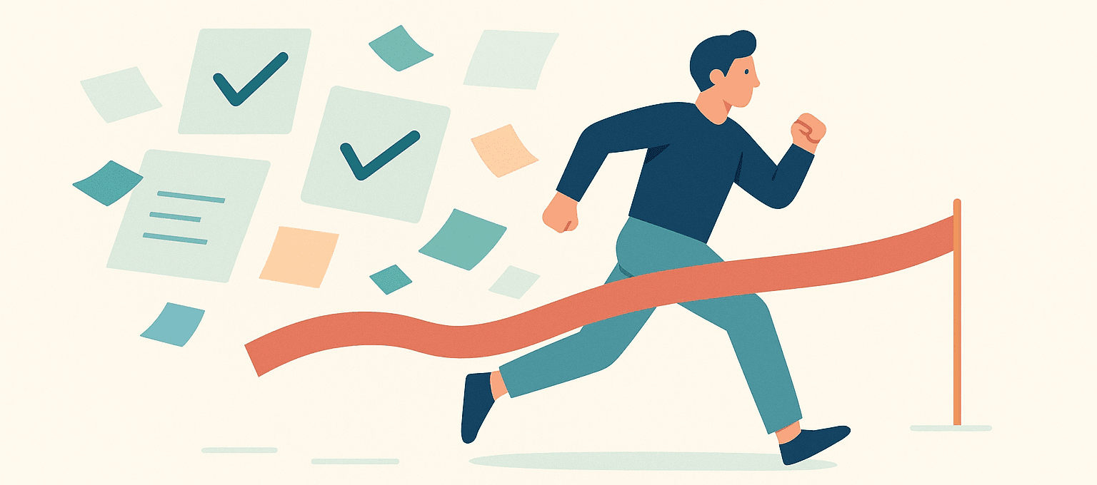 Illustration of a person confidently reaching a finish line with checklist items and project pieces falling into place behind them — symbolizing goal completion and focus.