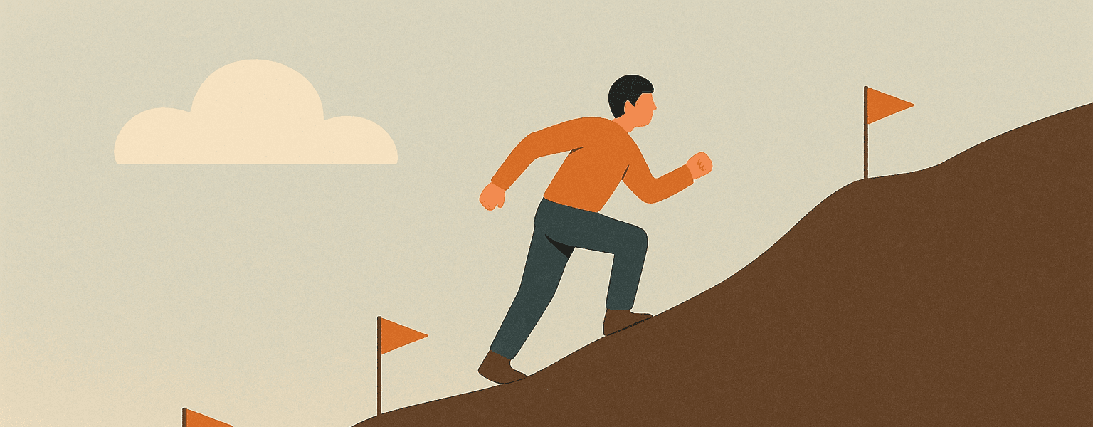 Minimalist illustration of a person climbing a hill with small flags marking progress milestones — symbolizing persistence, effort, and inner motivation.
