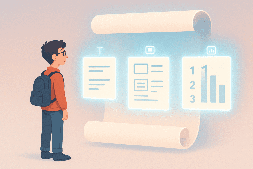 Minimalist digital illustration of a student holding a sheet of paper that’s unfolding into simplified sections, with icons representing text, slides, and priority levels — symbolizing AI-powered summarization.