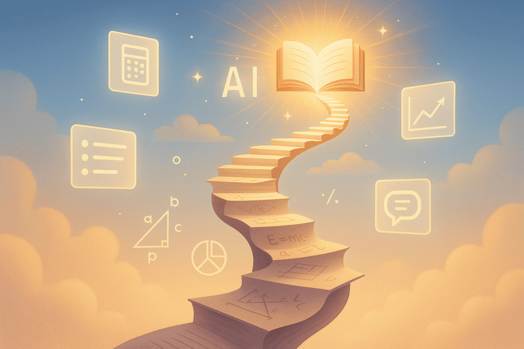 Build Your Own Course with AI. An abstract illustration of a floating staircase made from book pages and study symbols rising through the sky, surrounded by glowing AI-generated learning elements — symbolizing the journey of building your own course with AI.