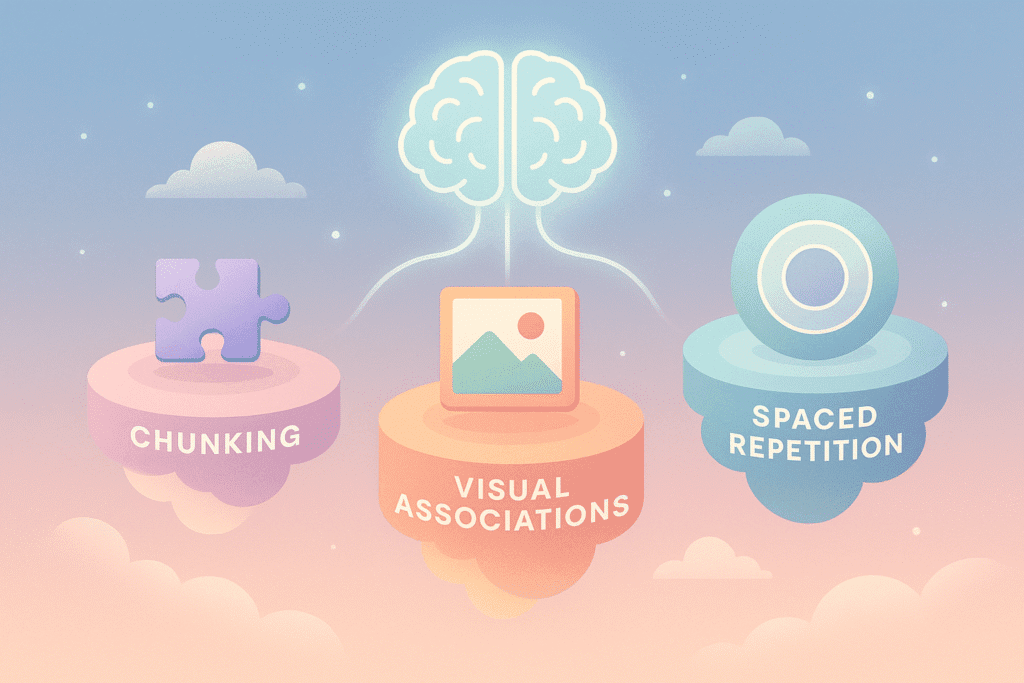 Easy Memorization Techniques Image. A symbolic illustration of three floating islands representing memory techniques — chunking, visual association, and spaced repetition — all linked by a glowing AI brain, symbolizing how AI supports better memorization.
