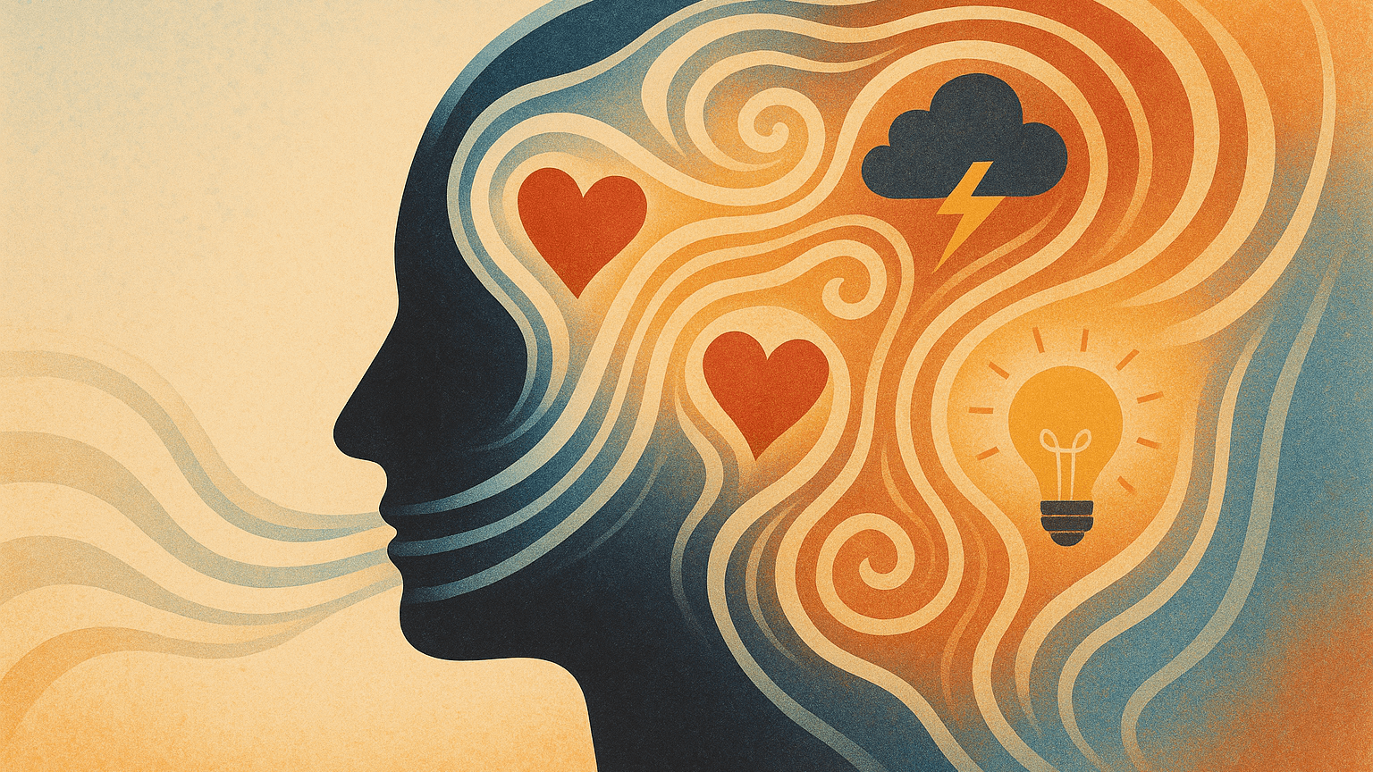 The Role of Emotion in Memory (And How AI Can Help You Engage). An abstract image showing the emotional side of memory: a human figure surrounded by icons representing feelings and thoughts, connected to digital lines symbolizing AI assistance.