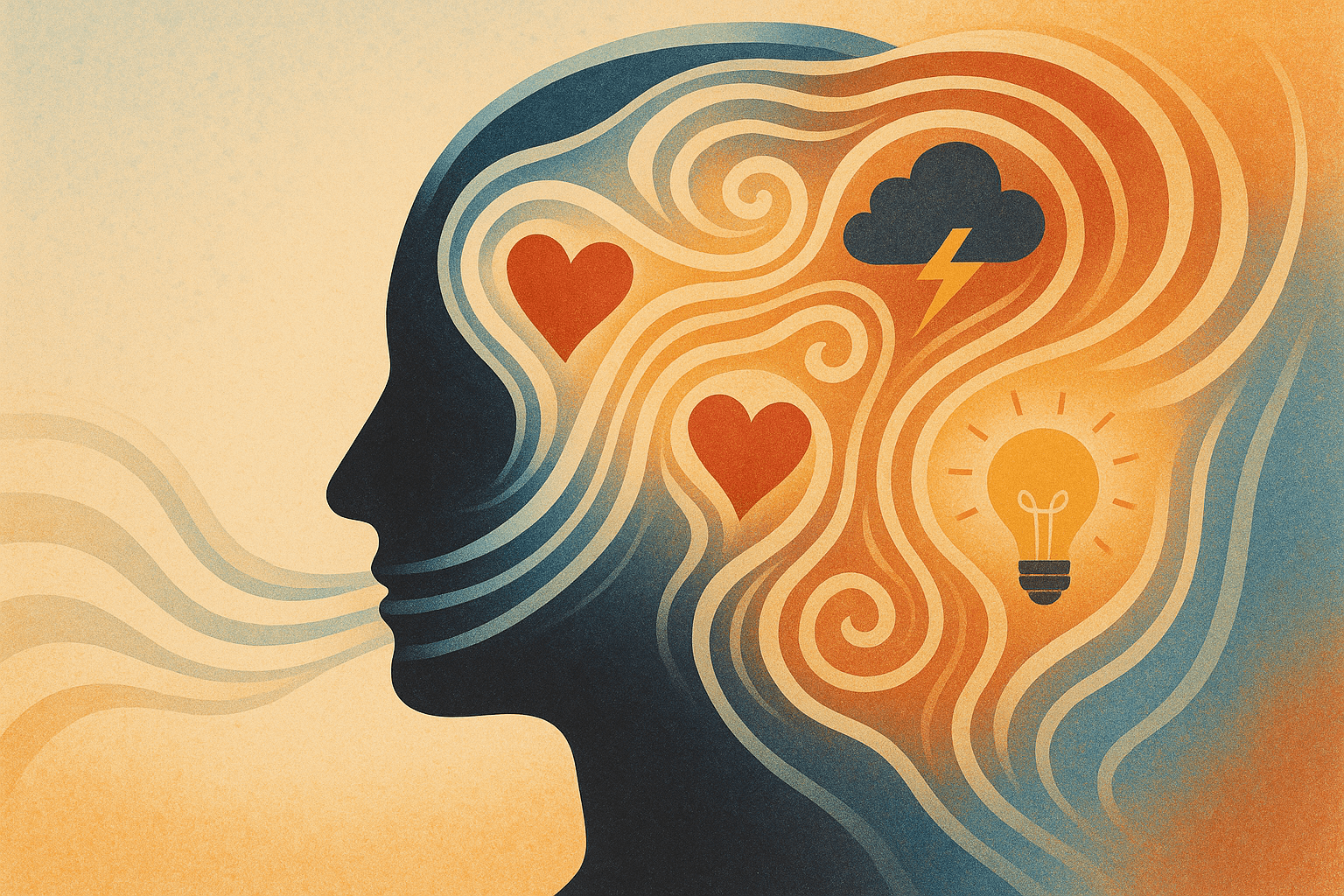 The Role of Emotion in Memory (And How AI Can Help You Engage). An abstract image showing the emotional side of memory: a human figure surrounded by icons representing feelings and thoughts, connected to digital lines symbolizing AI assistance.