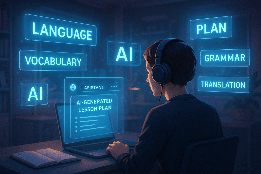 How to learn a new language with AI. A focused learner using futuristic AI tools to study Japanese, surrounded by digital projections of vocabulary and lesson plans.