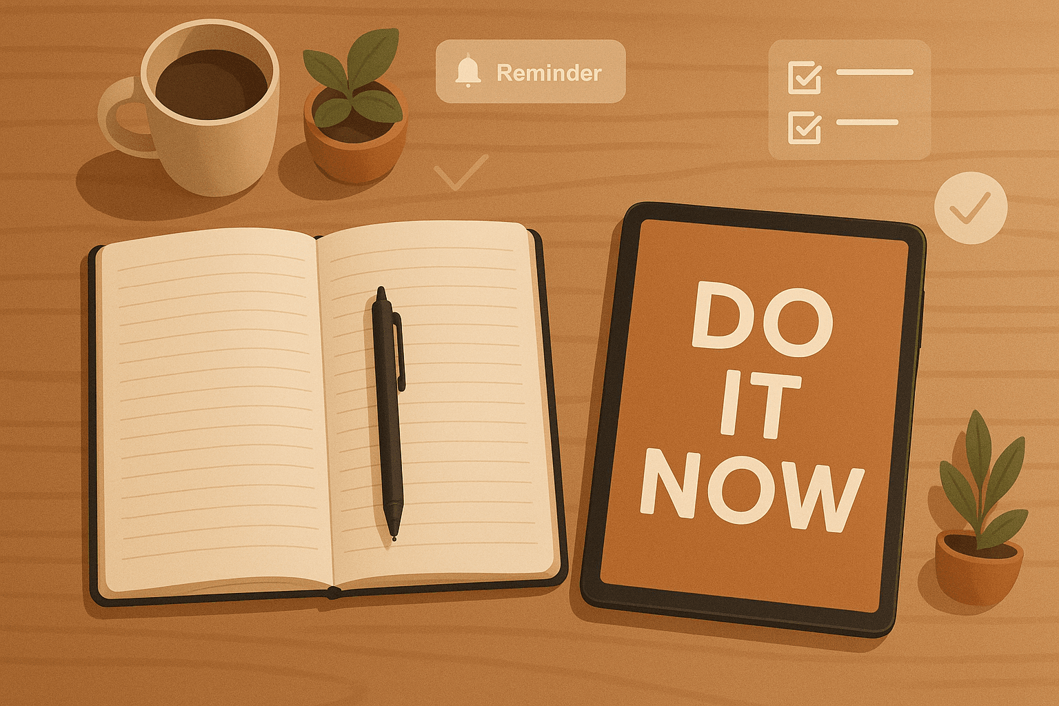 Motivation vs. Discipline – Why AI Helps When You’re Not Feeling It. A clean, focused workspace with a journal and tablet showing motivational progress, highlighting the balance between structure and inspiration.