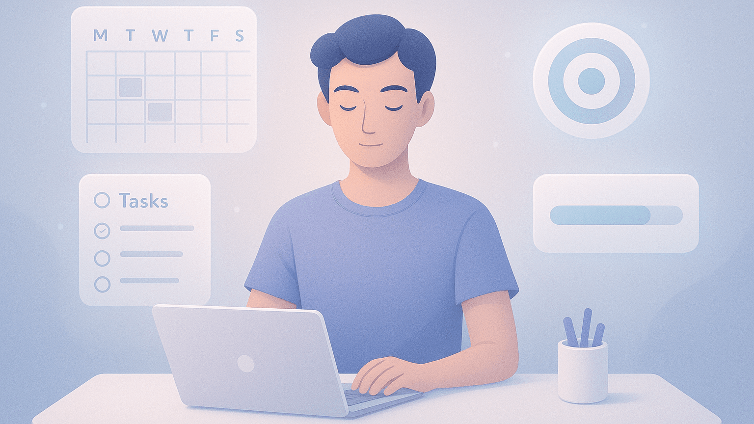 A person calmly organizing their week with glowing AI-generated calendars, checklists, and goal icons surrounding them — symbolizing clarity and control over their time.