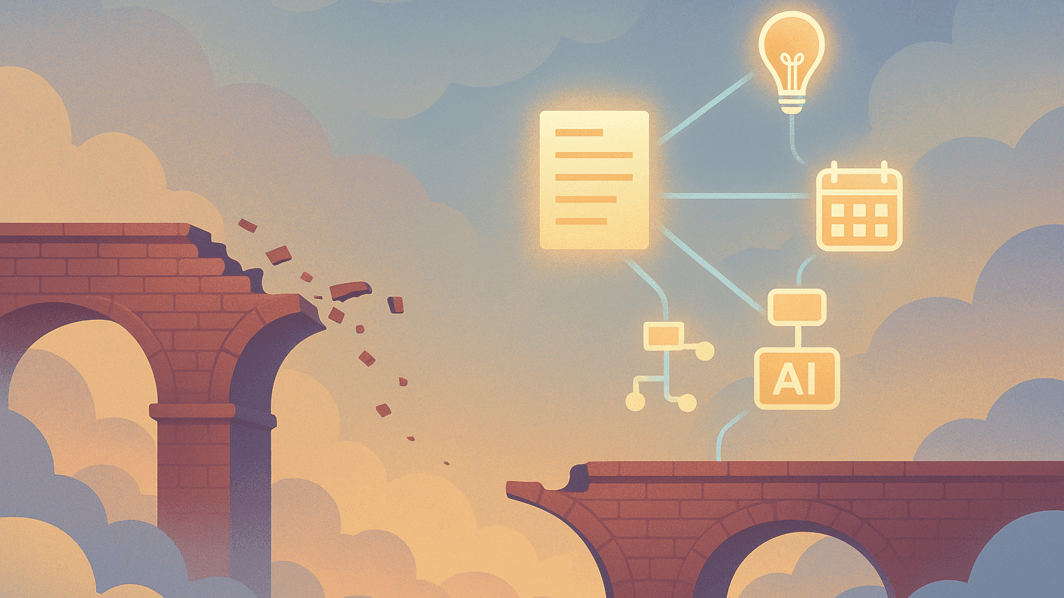 Retake an Old Project with AI. A symbolic illustration of an unfinished project represented as a broken bridge, with glowing AI-powered tools and prompts rebuilding the path piece by piece — symbolizing the process of revisiting and completing old ideas with new tools.