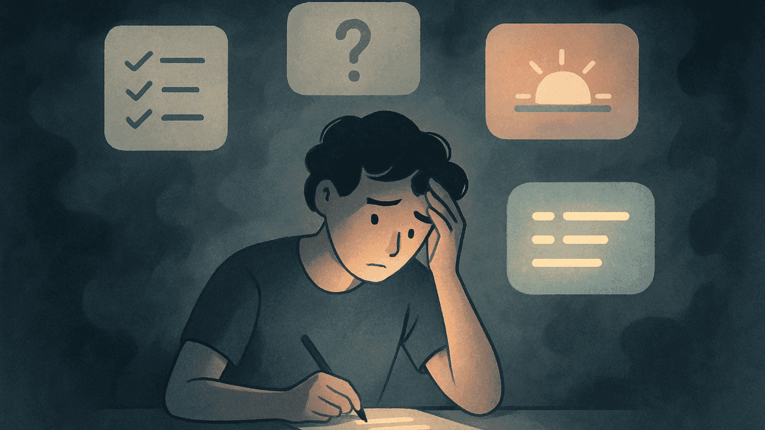 A person sitting at a desk surrounded by dark fog, with glowing AI-generated prompts hovering around them like thought bubbles — helping them find clarity and direction.