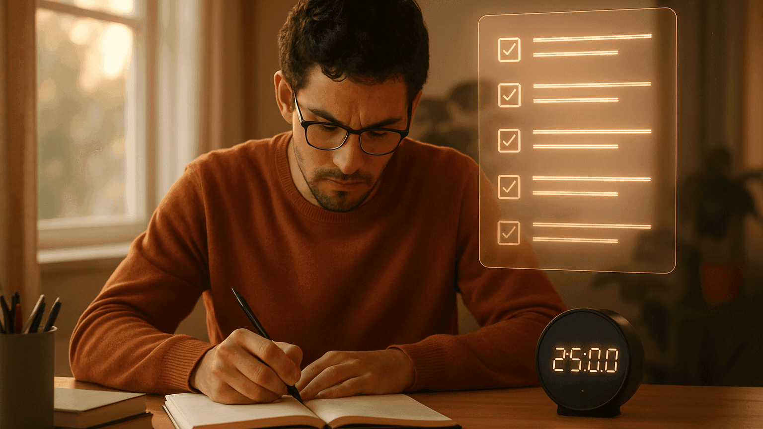 A focused student working at a desk with a visible 25-minute timer and floating The Power of the 25-Minute Sprint (Pomodoro with AI Support). AI-generated tasks around them, representing productivity and structure.
