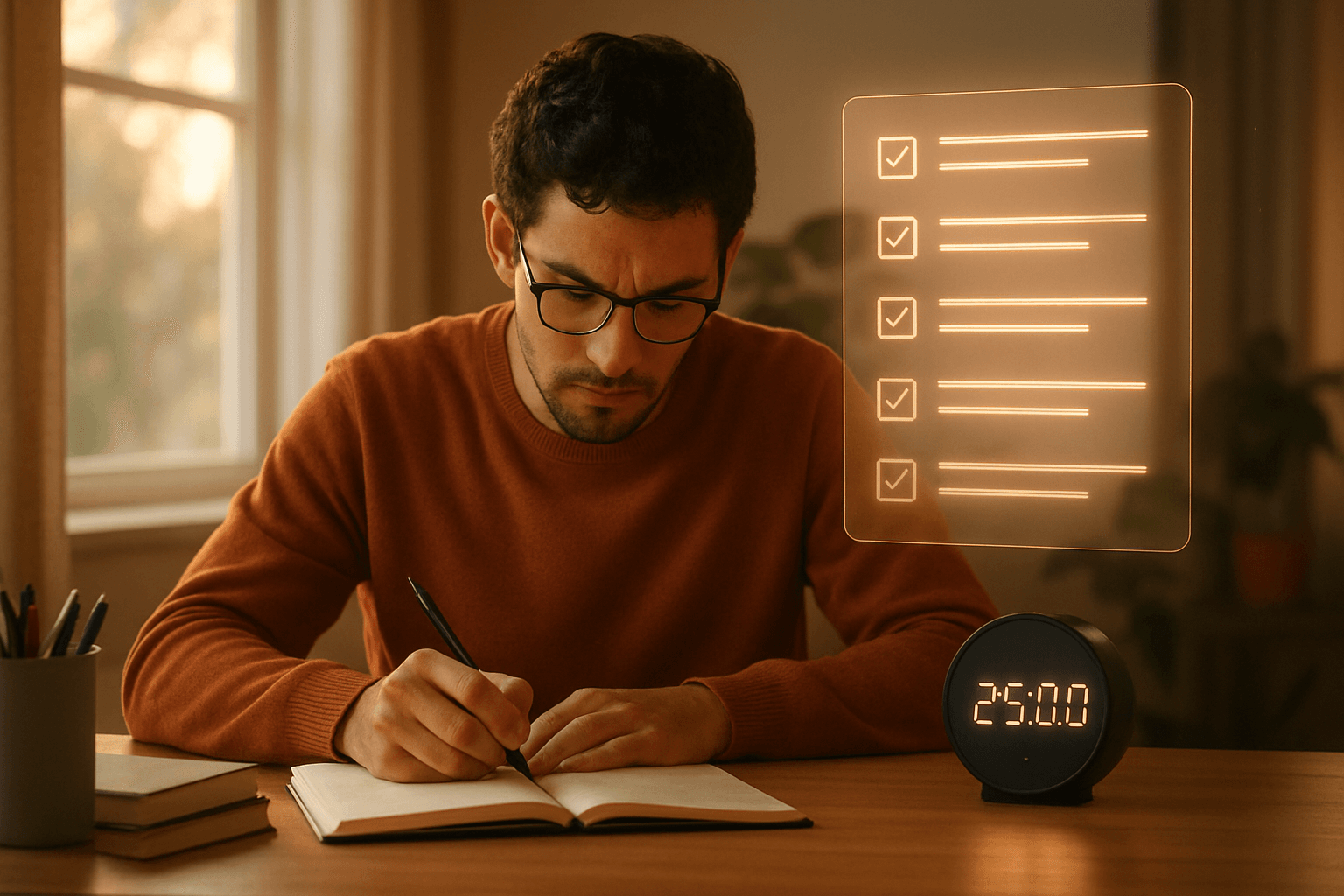 A focused student working at a desk with a visible 25-minute timer and floating The Power of the 25-Minute Sprint (Pomodoro with AI Support). AI-generated tasks around them, representing productivity and structure.